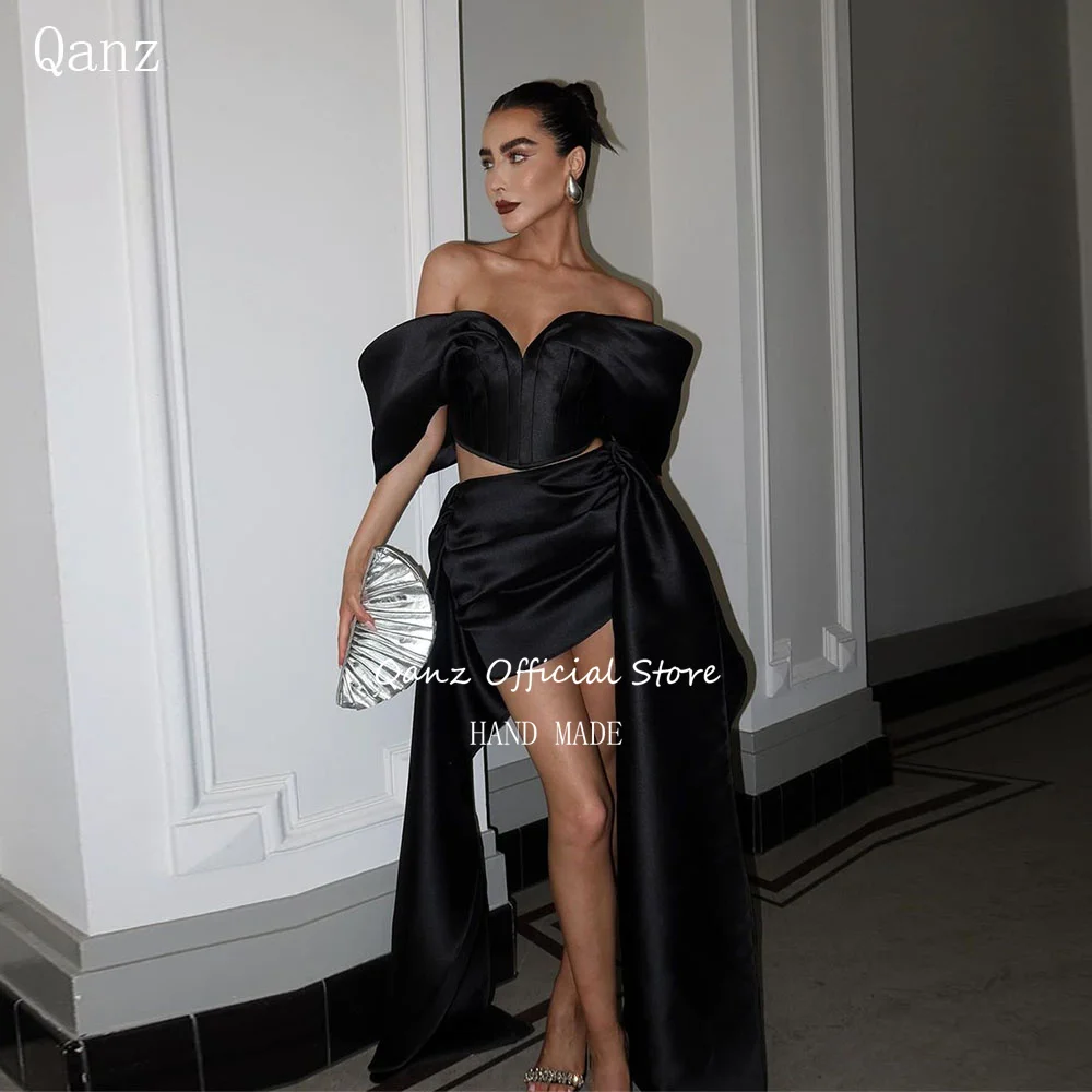 

Qanz Modern Corset Back Prom Dresses Black Satin Off The Shoulder Robe De Cocktail Femme Short Ladies' Party Dresses Customized