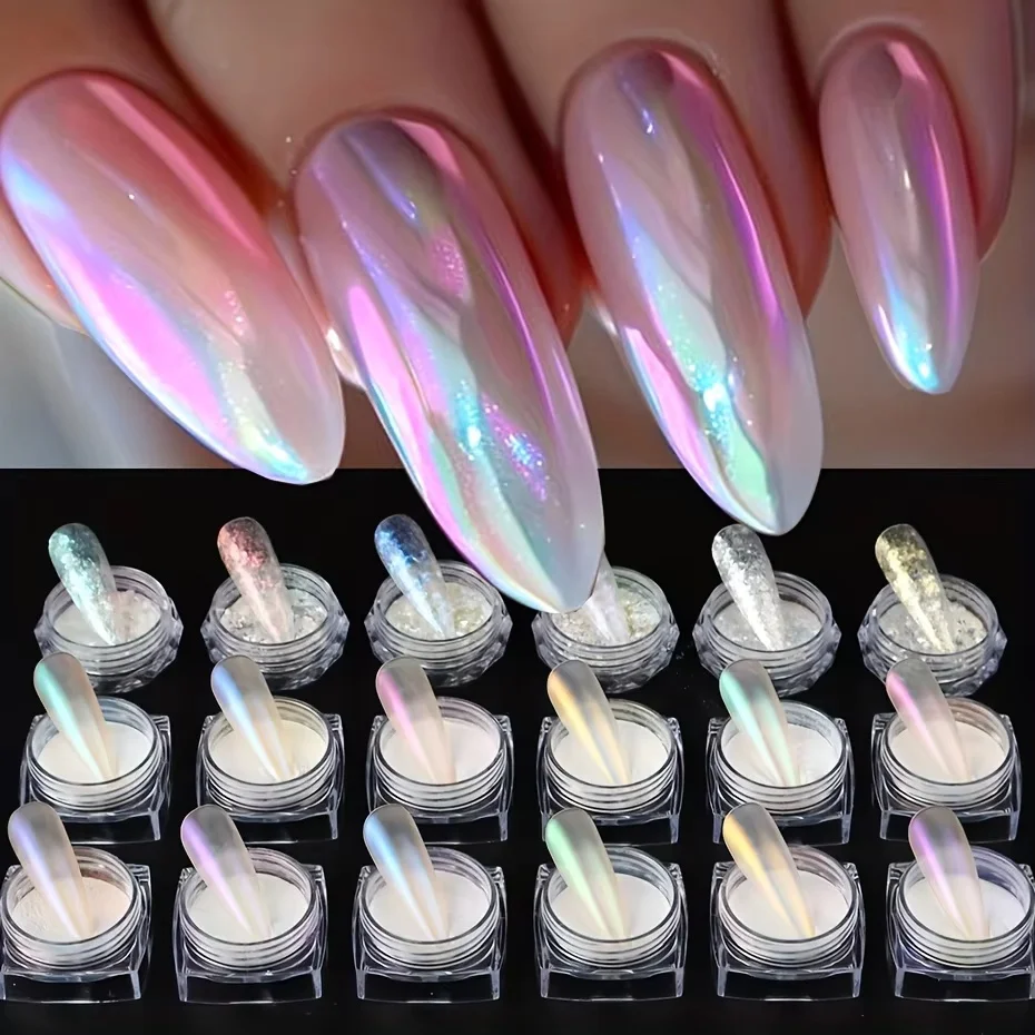 1 Zestaw Brokatu do Paznokci Efekt Księżyca Magiczny Puder Dekoracyjny do Manicure Chromowany Puder Lustrzany Efekt Muszli Końcówki Paznokci Akcesoria do Zdobienia Paznokci Pigment