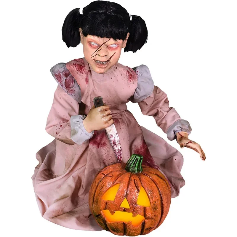 EQHaunted Hill Farm Lunging Pumpkin Carver Zombie Girl by Tekky,Motion-Activated Talking Scare Prop Animatronic for Indoor or Co