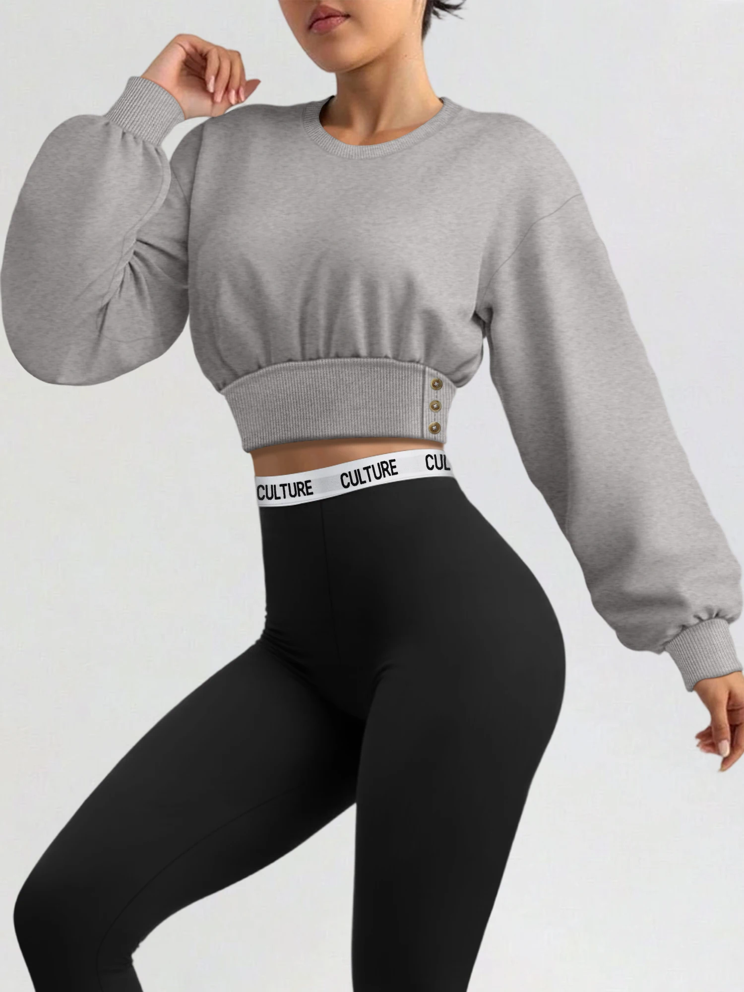 

Fashion Solid Color Cropped Sweatshirt for Women, Long Sleeve Crew Neck Ruched Waist Button Side Casual Street Tops