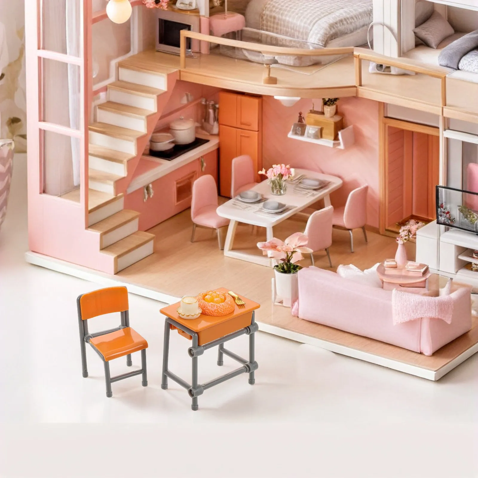 

2Sets Miniature Desk and Dining Table Set Lifelike Tiny Furniture for Dollhouse Decoration Creative DIY Assembly Learning Role