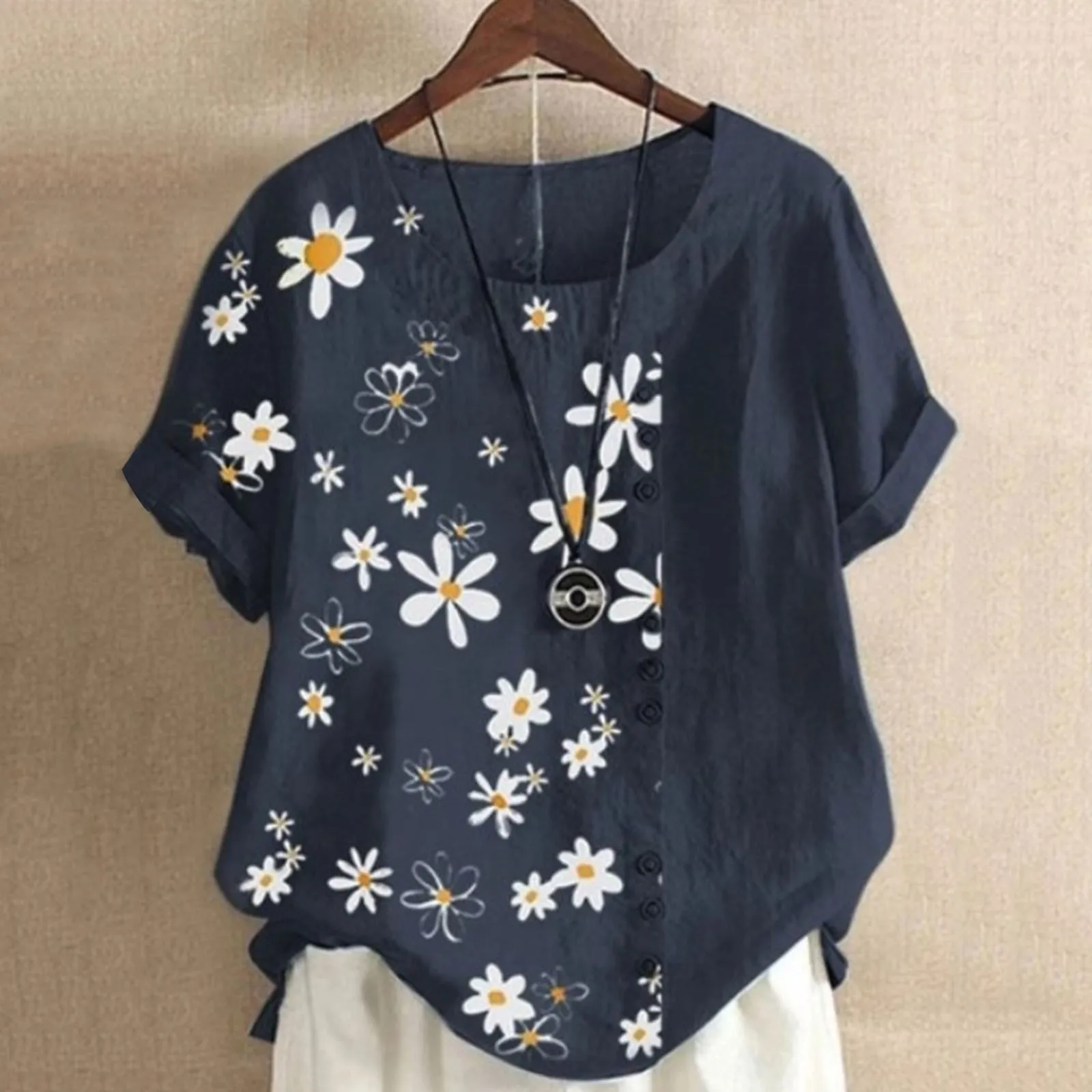 Summer Plus Size Linen Daisy Print Short Sleeve Blouses For Women Cotton Linen Tee Shirts O-Neck Loose Pullover Top Lady Clothes