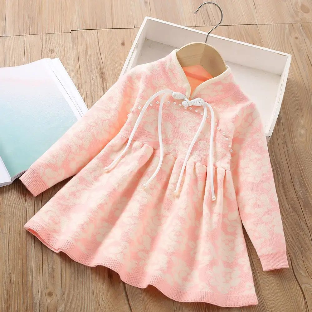 Baby Girl Sweater Dress Autumn/Winter New Style Chinese Style Retro Flower Knitted Children's Princess Dress