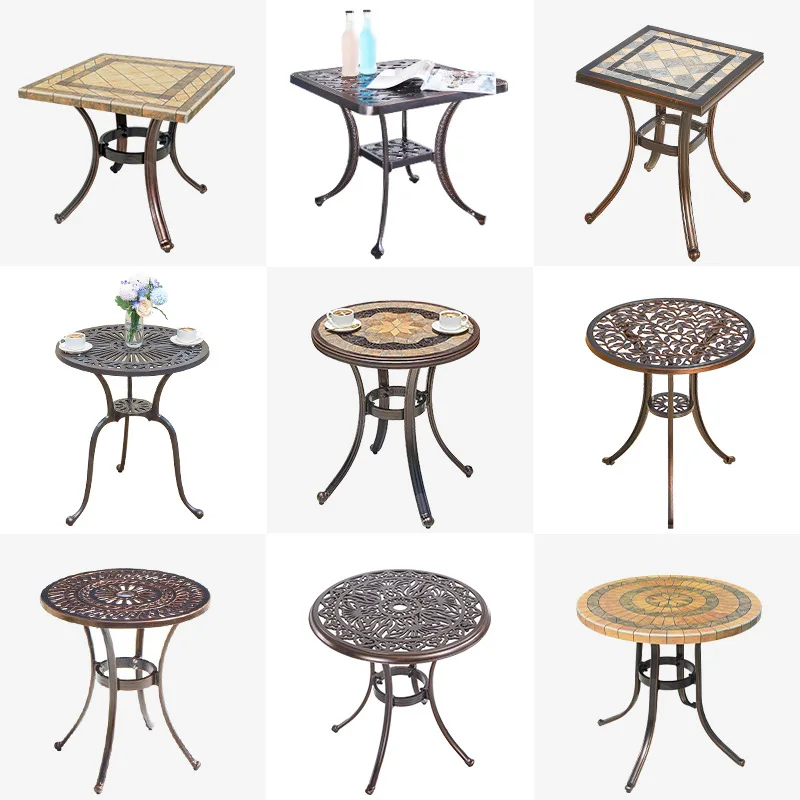 Outdoor Cast Aluminum Bistro Table Weatherproof Metal Patio Side Table Round Square Tile Top
