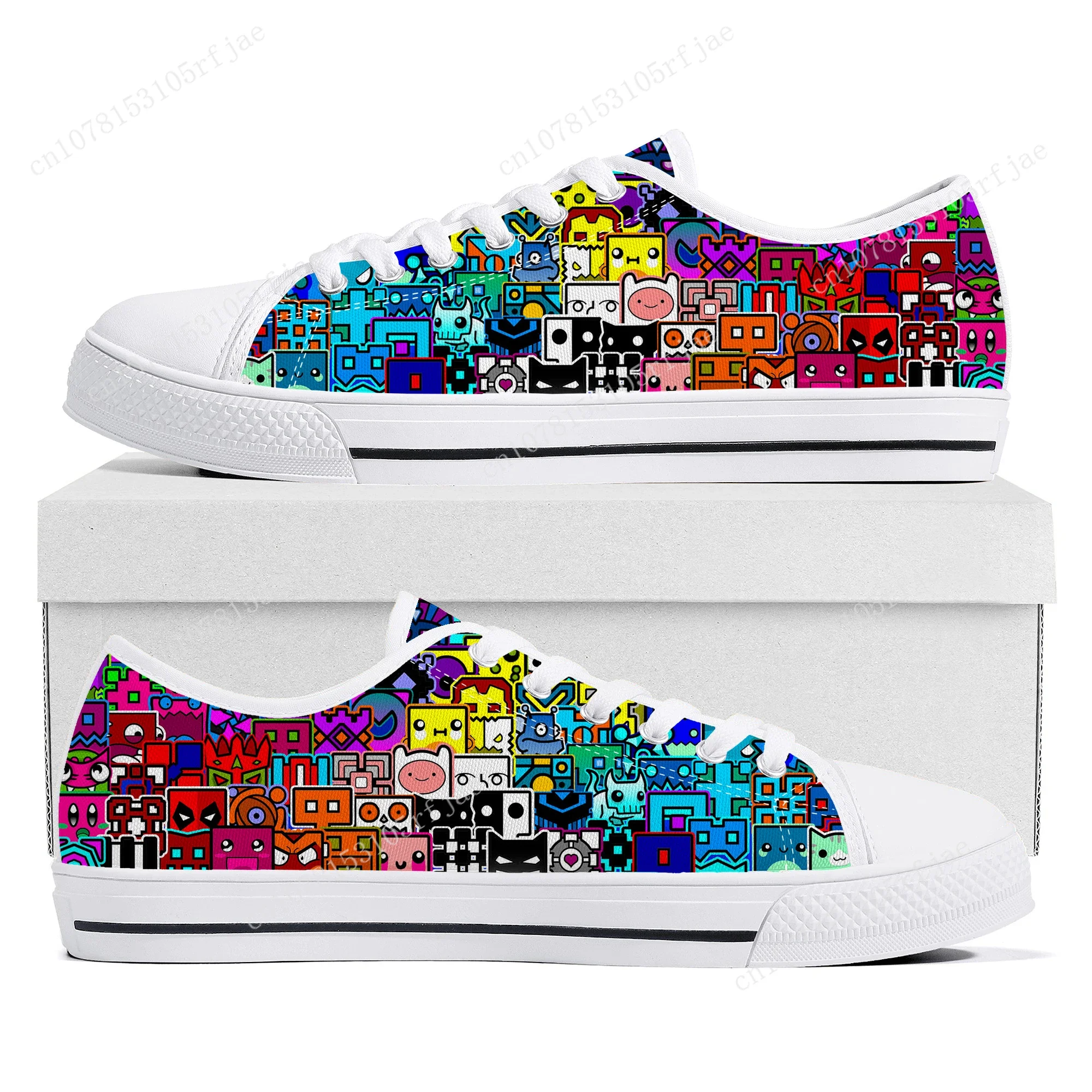 Geometrie Dash Lage Top Sneakers Cartoon Spel Womens Heren Tiener Hoge Kwaliteit Mode Canvas Sneaker Paar Op Maat Gemaakte Schoenen