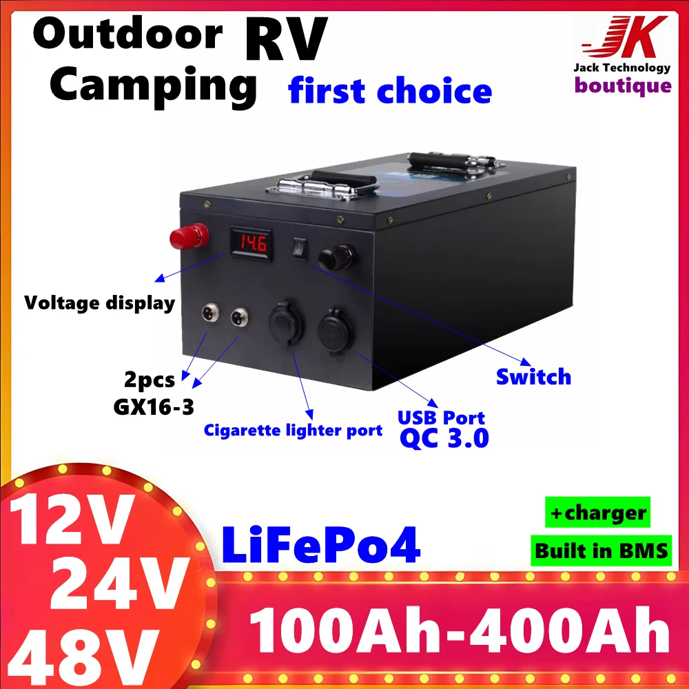 

JK 12V 24V 48V 100Ah 200Ah 300Ah 400Ah Lifepo4 deep cycle Battery For Solar Inverter RV,Outdoor BackUp Portable Power,Camping