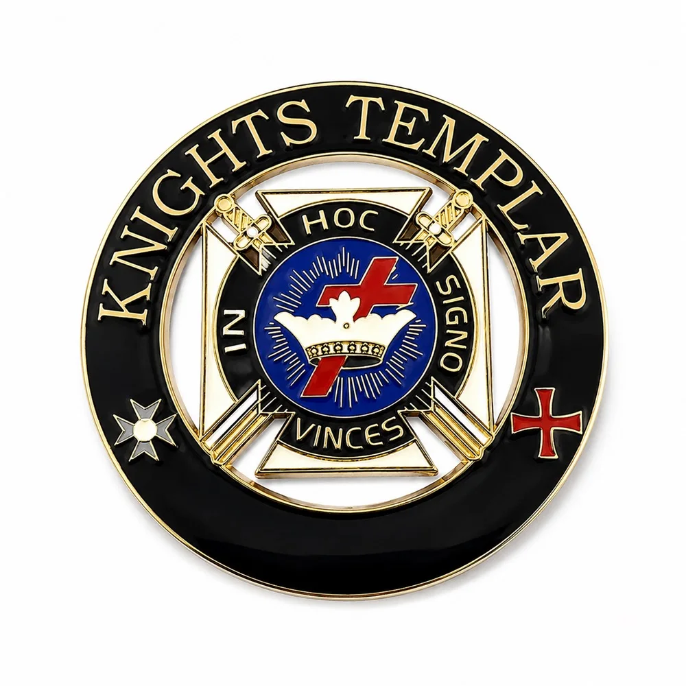 Kinghts Templar Masonic Car Emblem Metal Gold Plated Freemason Symbol Car Badge Sticker with Red Adhesive,3 Inches
