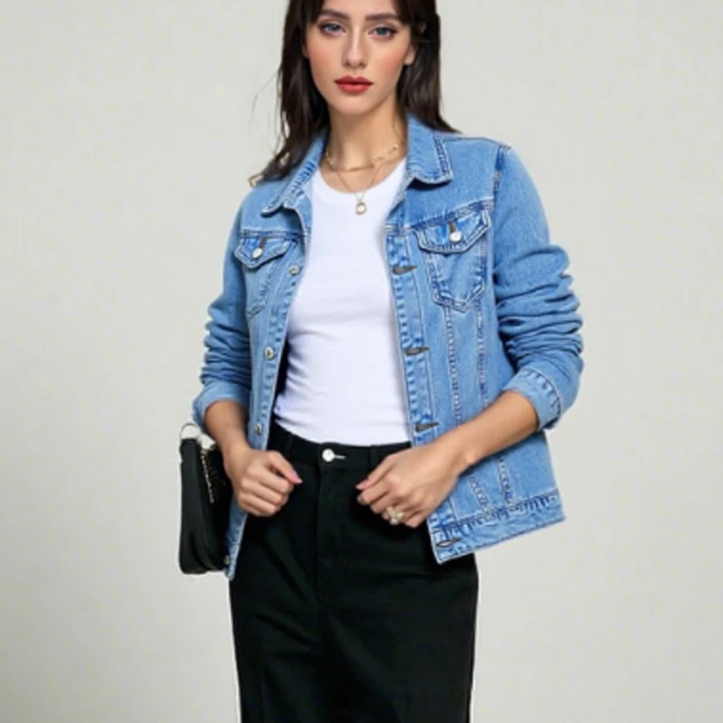

2025 Autumn Fashion Vintage Jean Jackets Long Sleeve Casual Light Blue Denim Coat for Women Casual Outwear with Pockets 29029