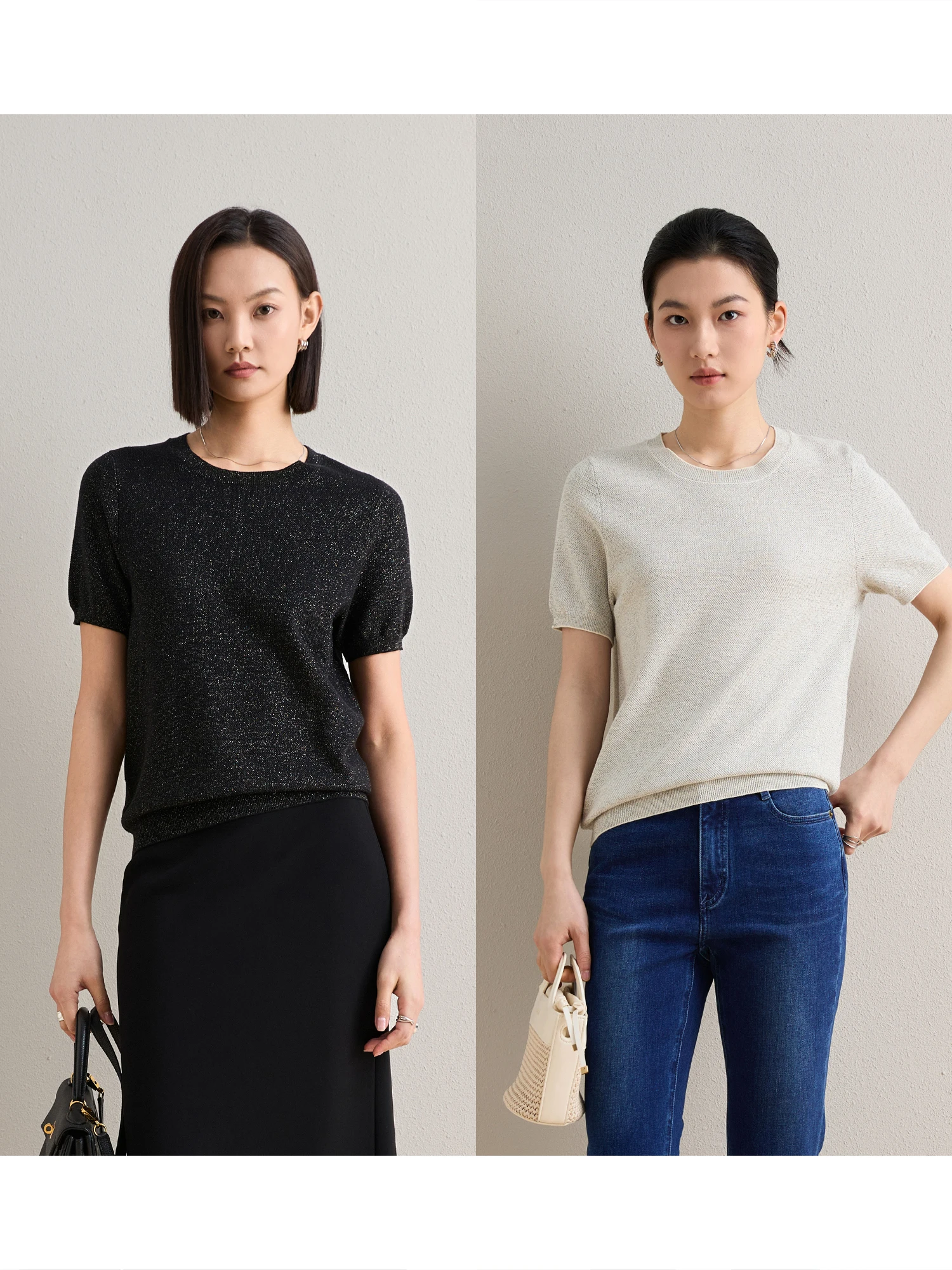 

ChangDX Cool Dry ort Sve Knitted irt Gold Silver Tead Spun Lenzing Fabric round Ne Women's Spring Summer Top
