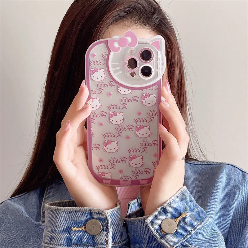 جميل مرحبا كيتي Kawaii KT رئيس القوس قضية الهاتف آيفون 16 15 14 13 برو ماكس 11 12 13 برو XS XR 7 8 زائد الوردي فتاة Y2K غطاء