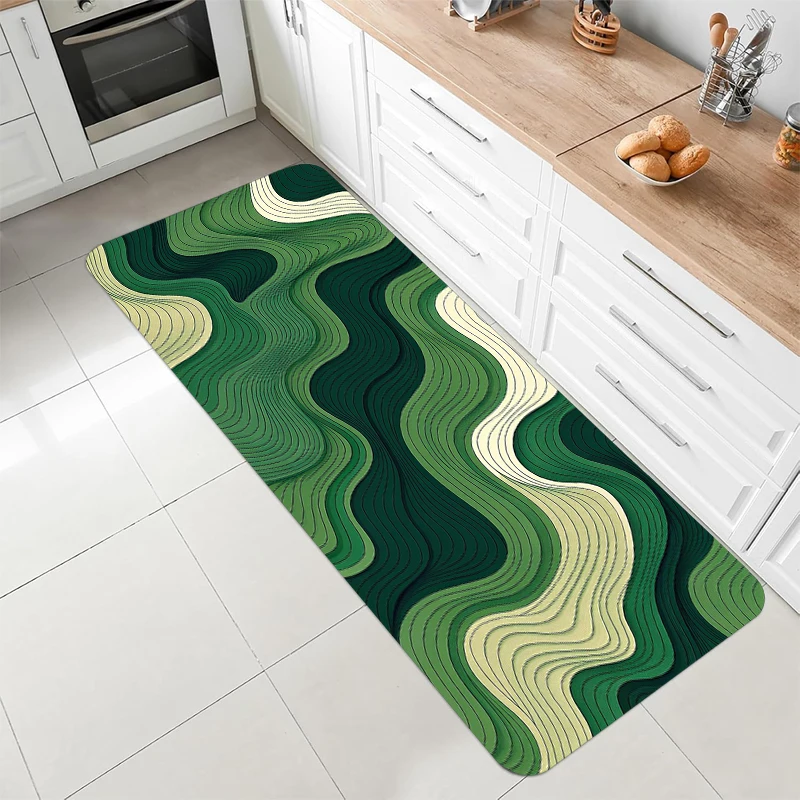

Abstract Green Gradient Wavy Line Runner Rug Minimalist Curved Geometric Print Non Slip Floor Mat for Hallway