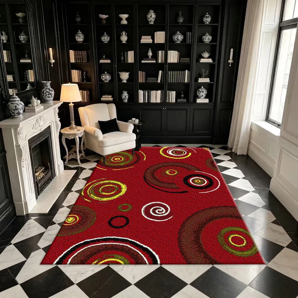 Printed Rug Abstract - พรมปูพื้นลายวงกลมหมุนวนสีแดง พื้นผิวแบบกราฟฟิตี้เรขาคณิตทันสมัย พิมพ์ลายสี่เหลี่ยมสำหรับตกแต่งห้องนั่งเล่นและบ้าน