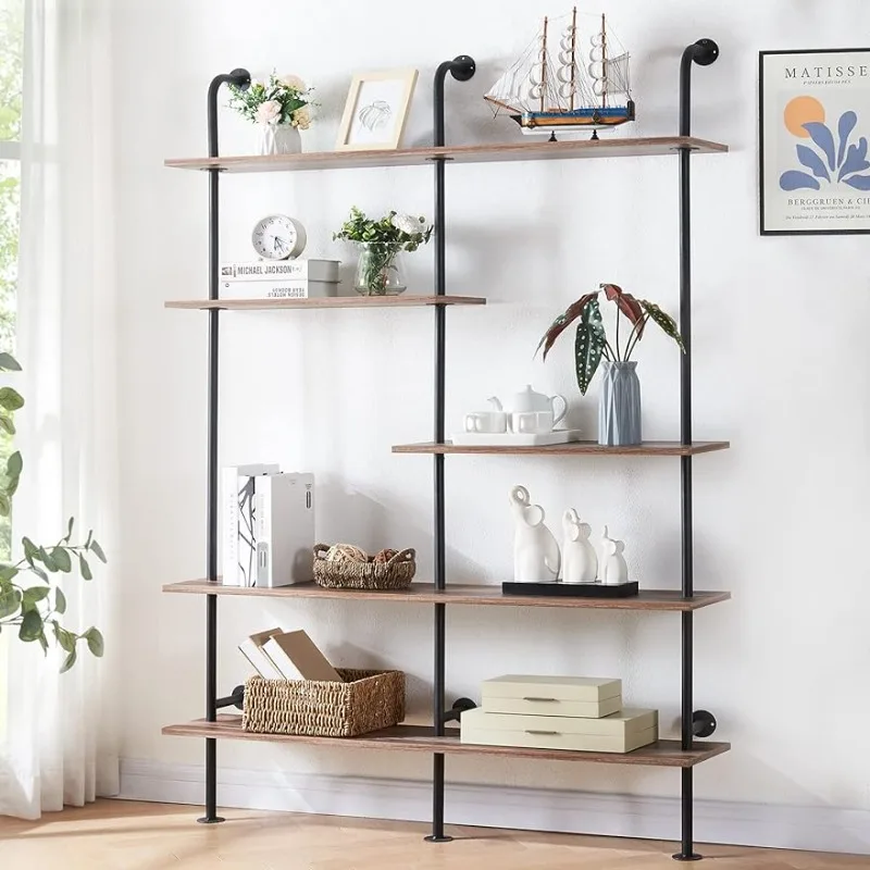 HOMISSUE Industrial Bookshelf 5-Tier Open Wall Mount Ladder Bookshelf, Modern Bookcase with Metal Frame, Oak Brown