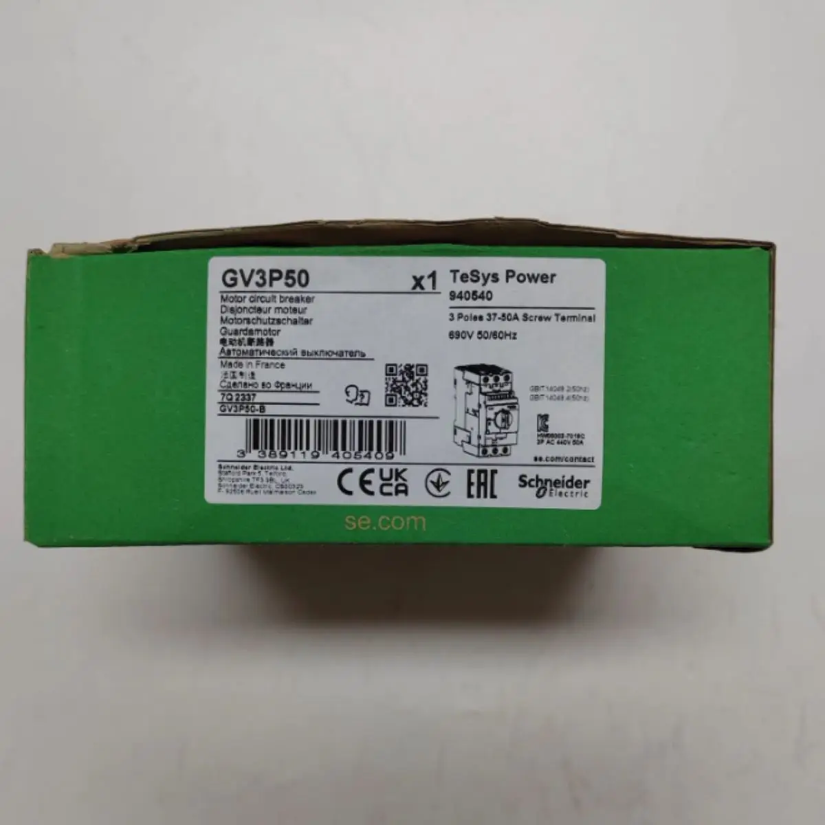 Motor circuit breaker, TeSys GV3, 3P, 37-50 A, thermal magnetic, EverLink terminals GV3P50 GV3-P50