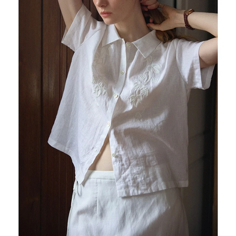 

Women Vintage Floral Embroidered White Blouse Summer Short Sleeve Button Down Shirt Elegant Turn Down Collar Casual Work Tops