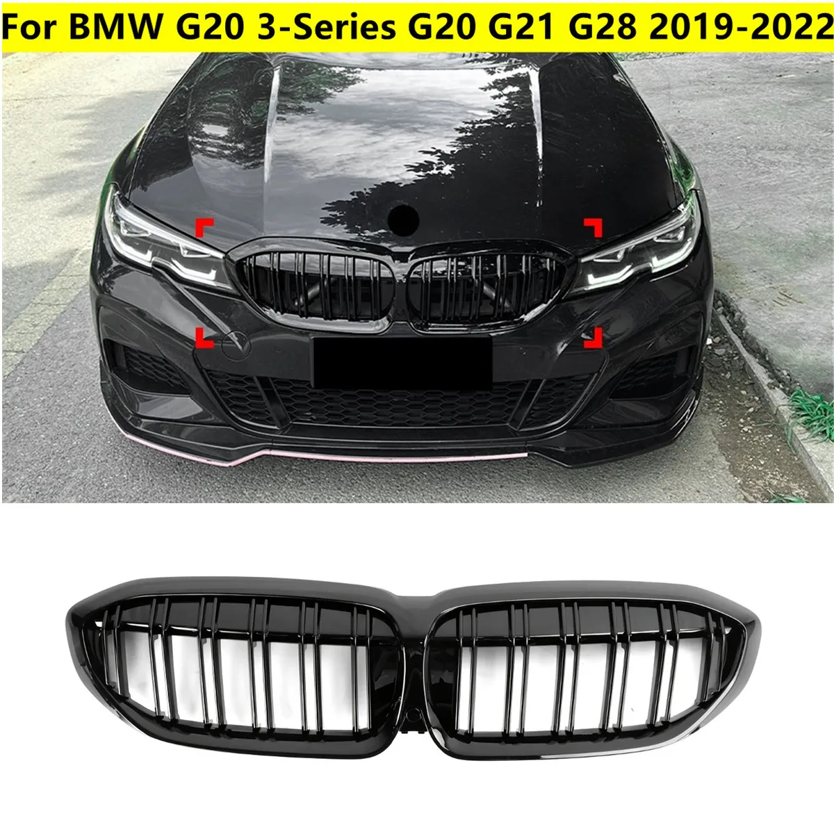 

Глянцевая черная двойная передняя решетка для почек для BMW G20 3-Series G20 G21 G28 2019 2020 2021 2022