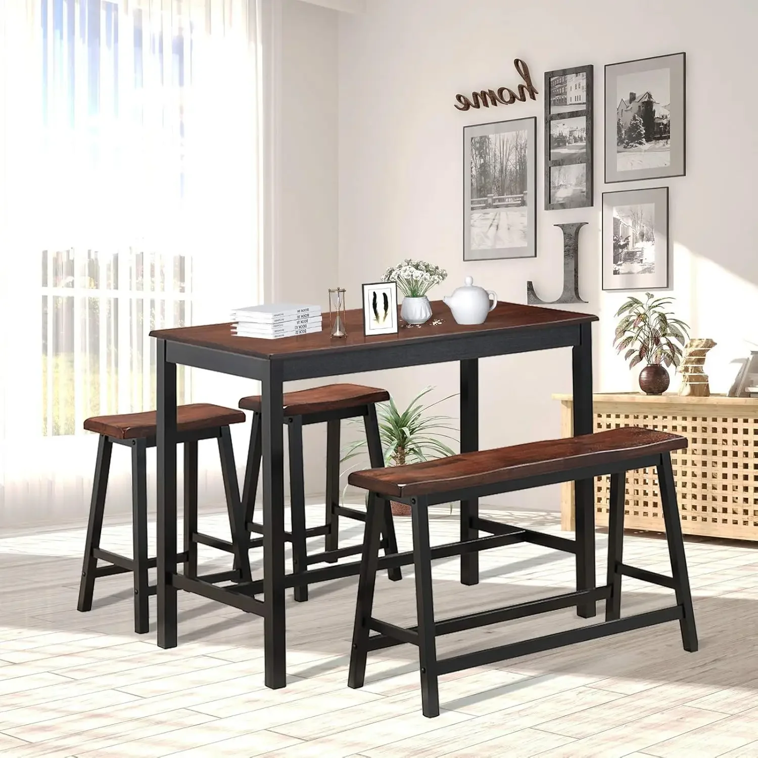 4-Piece Solid Wood Dining Table Set, Counter Height Dining Furniture with One Bench and Two Saddle Stools, Industrial Style