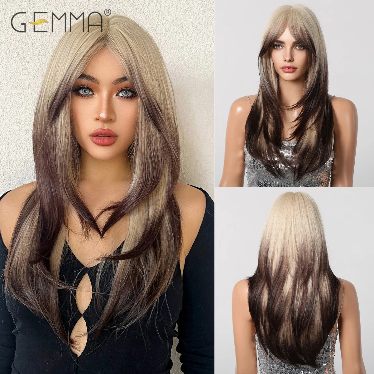 

Ombre Ash Blonde to Brown Layered Wig with Curtain Bangs Synthetic Long Straight Cosplay Wigs for Women Daily Use Heat Resistant