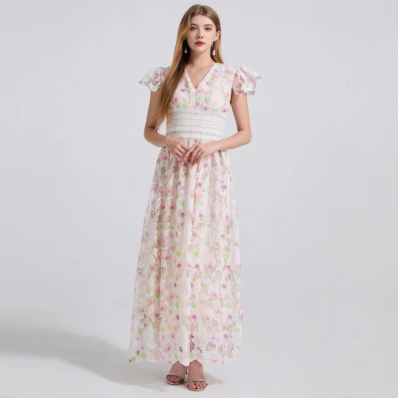 Taille haute A-Line Dr Broderie lourde Garniture en dentelle florale Puffy Sve Jupe d'épissure découpée 3D Chinois Hiver Thiened Wind...