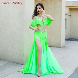 Bellydance-kostium luxory cusomzyd biustonosz na brzuch + długa spódniczka, 2 sztuki, dla kobiet, dorosłych, dzieci, orientalna odzież do tańca