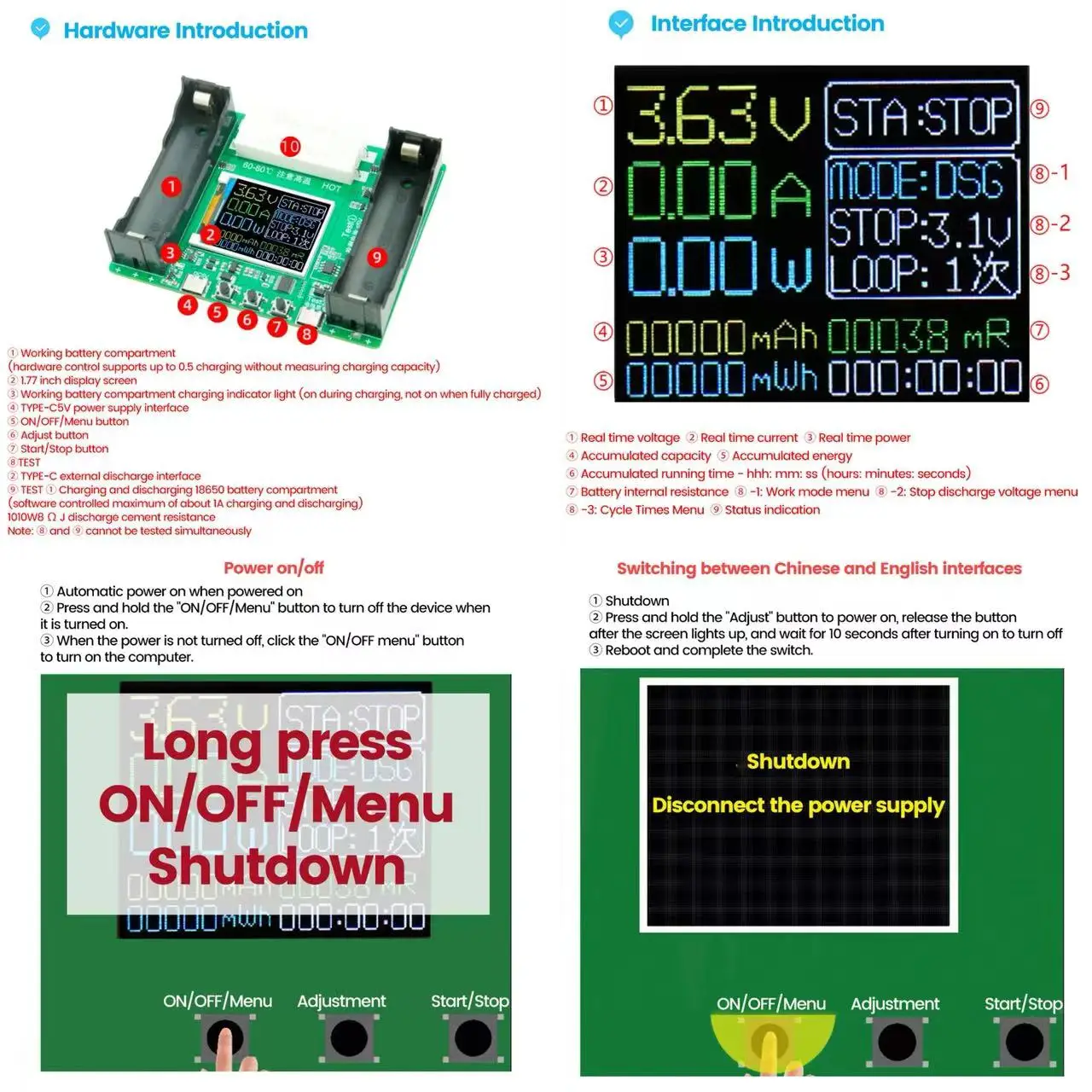 18650 akumulator litowo-jonowy Tester pojemności automatyczny Tester rezystancji wewnętrzny MAh MWh cyfrowy akumulator moc moduł czujnikowy 2/4