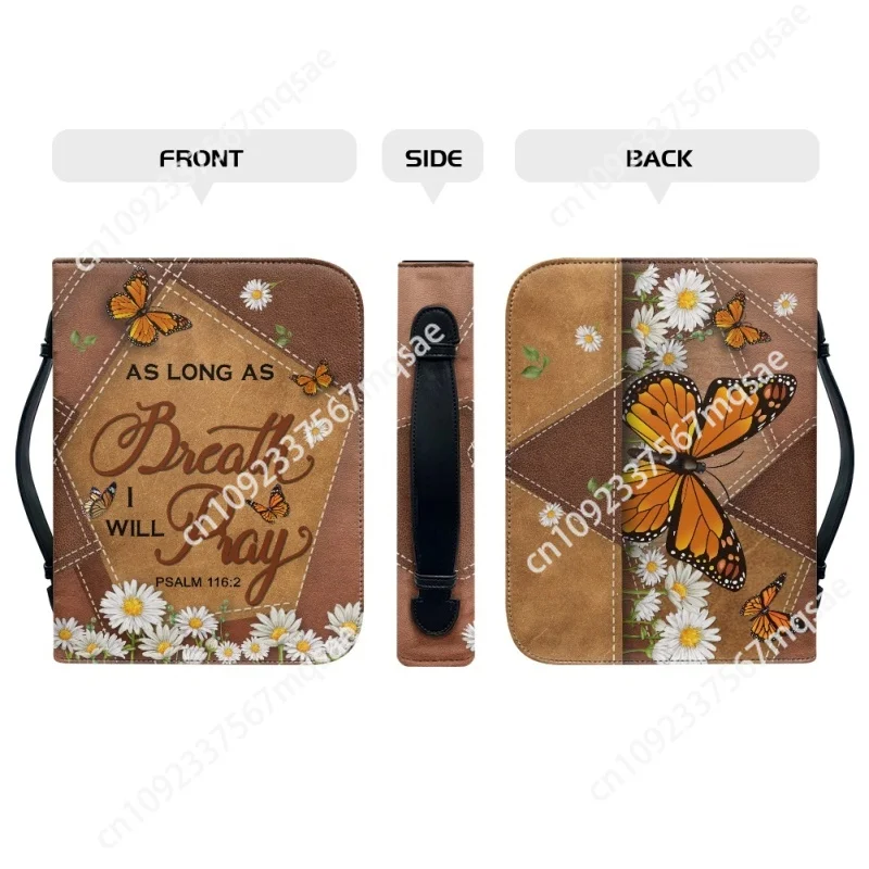 Inspirational with Butterfly and Daisy Personalized Print Church Bible Cover Case PU Handbags Study Book Holy Storage Boxes