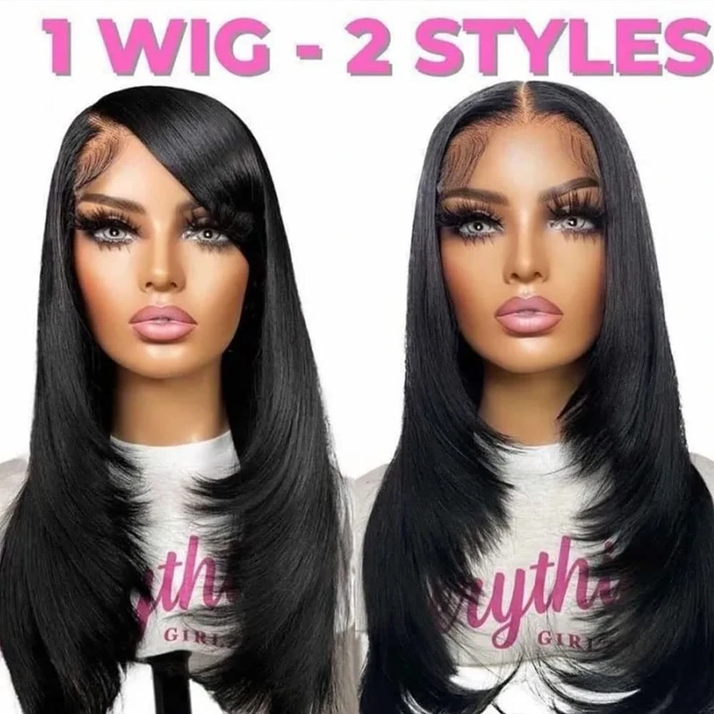 Wig Depan Renda Lurus Potongan Berlapis Bagian Samping Wig Rambut Manusia Berlapis Brasil untuk Wanita Rambut Kepadatan 180% Tanpa Lem