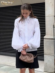 Clacive Fashion Loose White Cotton Women's Shirt 2025 Casual Stand Collar Long Sleeve Shirts Elegant Classic Lace-Up Top Female