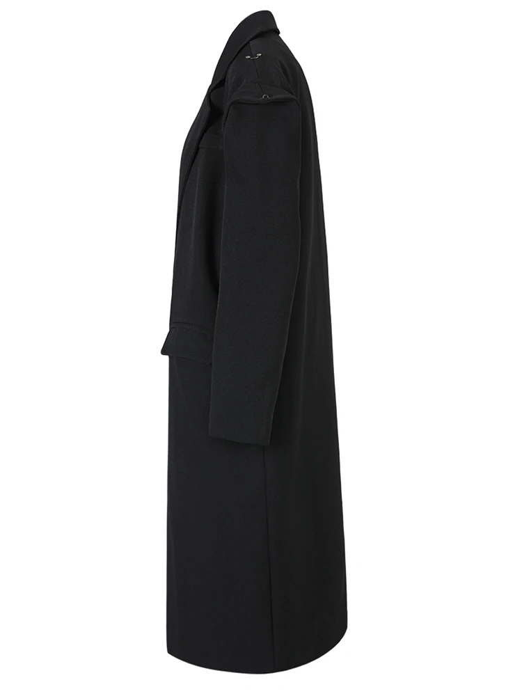 [EAM] Women Black Buckle Big Size Long Trench New Lapel Long Sleeve Loose Fit Windbreaker Fashion Spring Autumn 2024 CPG0715