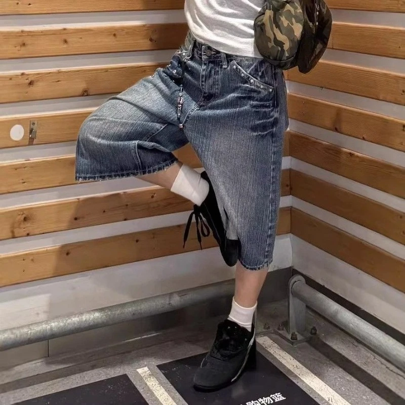 American Vintage Rivet Patchwork Denim Capri Pants Y2k Retro Streetwear Straight Wide-Leg Cropped Jeans Calf-Length 2026