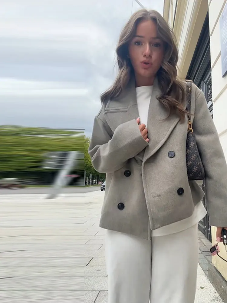 

Elegant Solid Double Breasted Jacket Women's Turn-down Collar Long Sleeve Cropped Coats 2026 Spring New Lady Fashion Outerwear