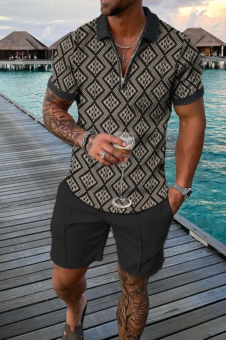 Spring and summer Men's Suit polyester Jacquard craft  Casual Short Sleeve Fashion Shorts Polo Shirt   Zipper Two Piece Set