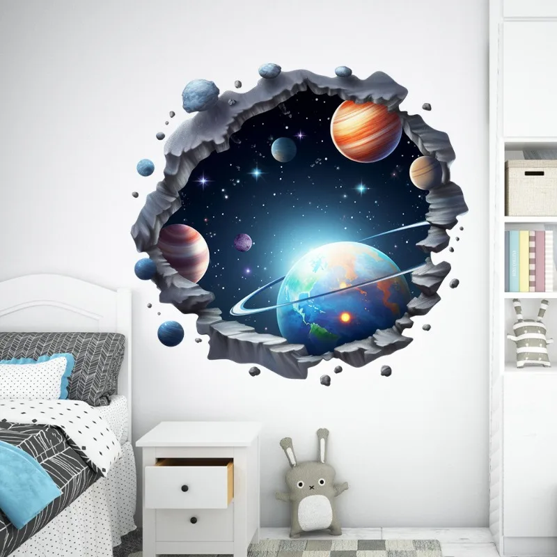 3D Universe Solar System Planets Broken Wall Sticker Cosmic Space Planet Wallpaper for Kids Room Boys Bedroom Wall Decoration