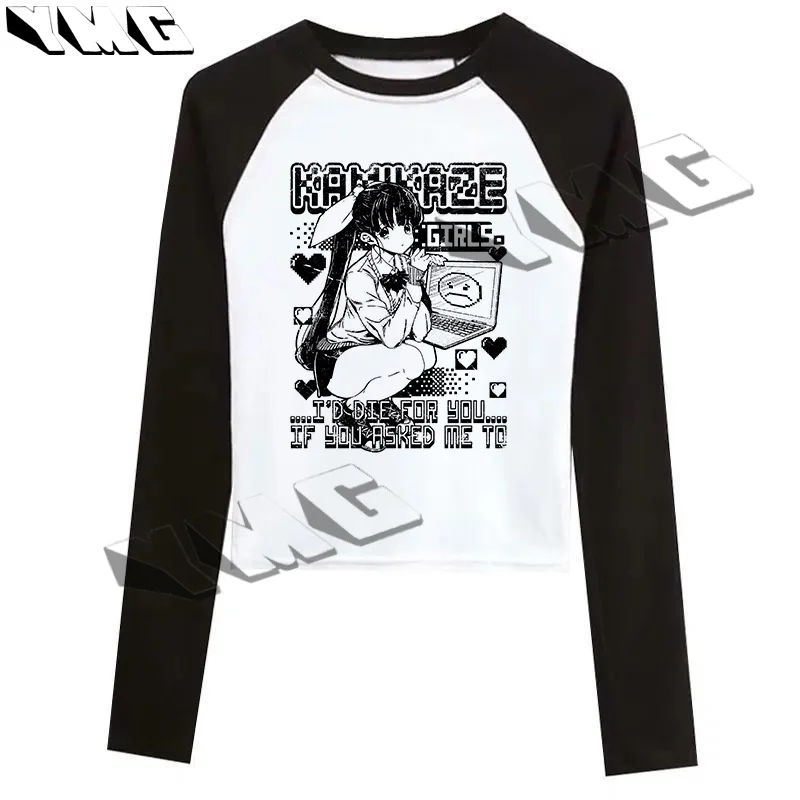 

Белая женская футболка с длинными рукавами и мультяшным узором, осенний облегающий короткий топ, модный повседневный уличный женский топ в стиле Харадзюку