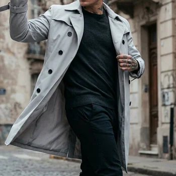 Men's Thin Double-Breasted Knee-Length Windbreaker 3 Men's Windbreaker Thin Double Breasted Windbreaker Streetwear Outdoor Casual Long Windbreaker Knee-length Jacket for Man 3