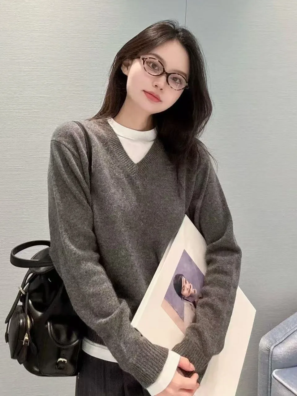

Loose Long Sleeve Knitted Sweater Base Layer Two-Piece Lazy Splicing Autumn Winter Outerwear Grey Polyester Fiber Soft round ...