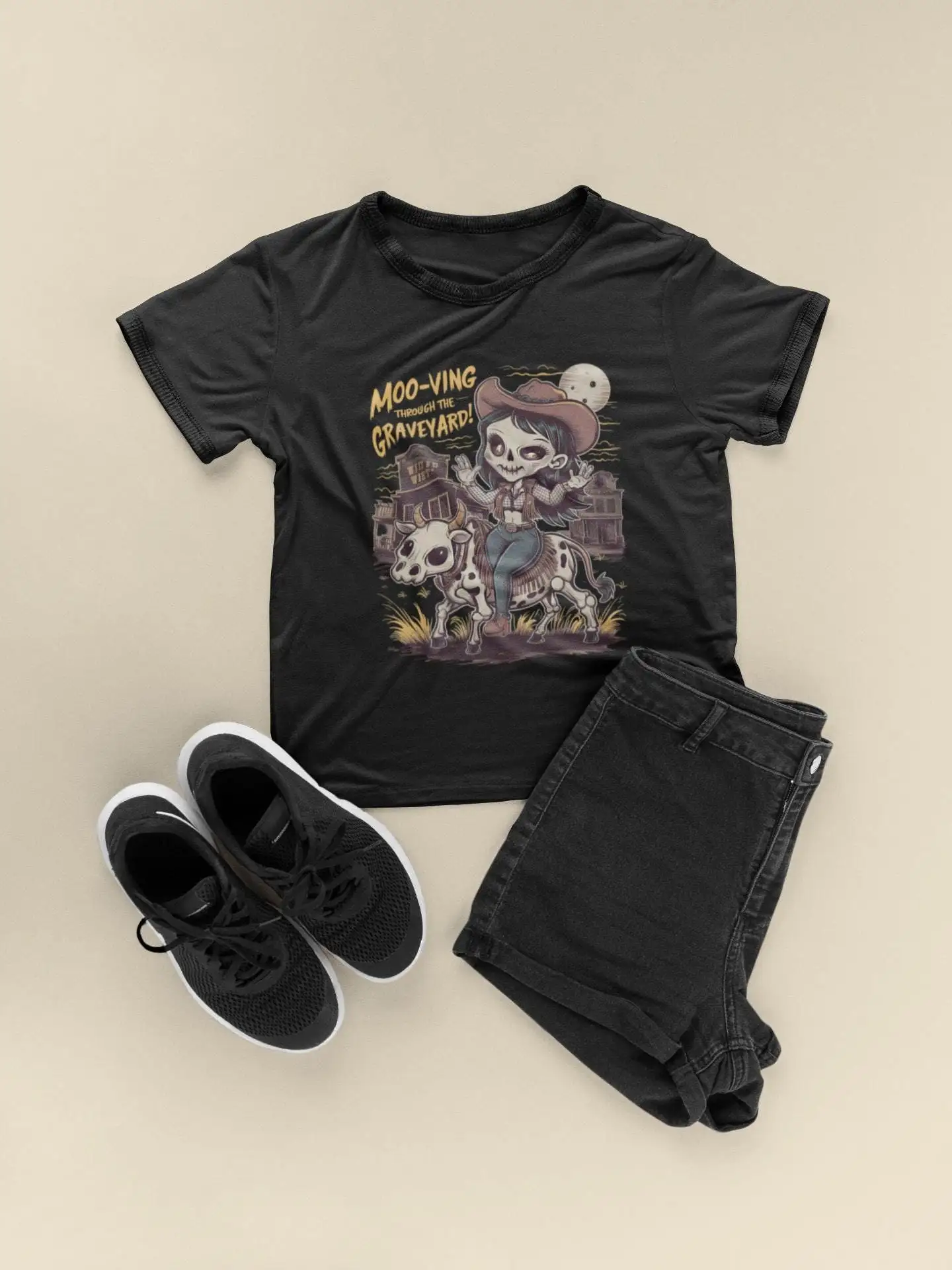 

Gothic Ghoul Cowgirl T Shirt Spooky Wild West Skull Face Halloween Mismatched Eyes Cowboy Top S For Her Him