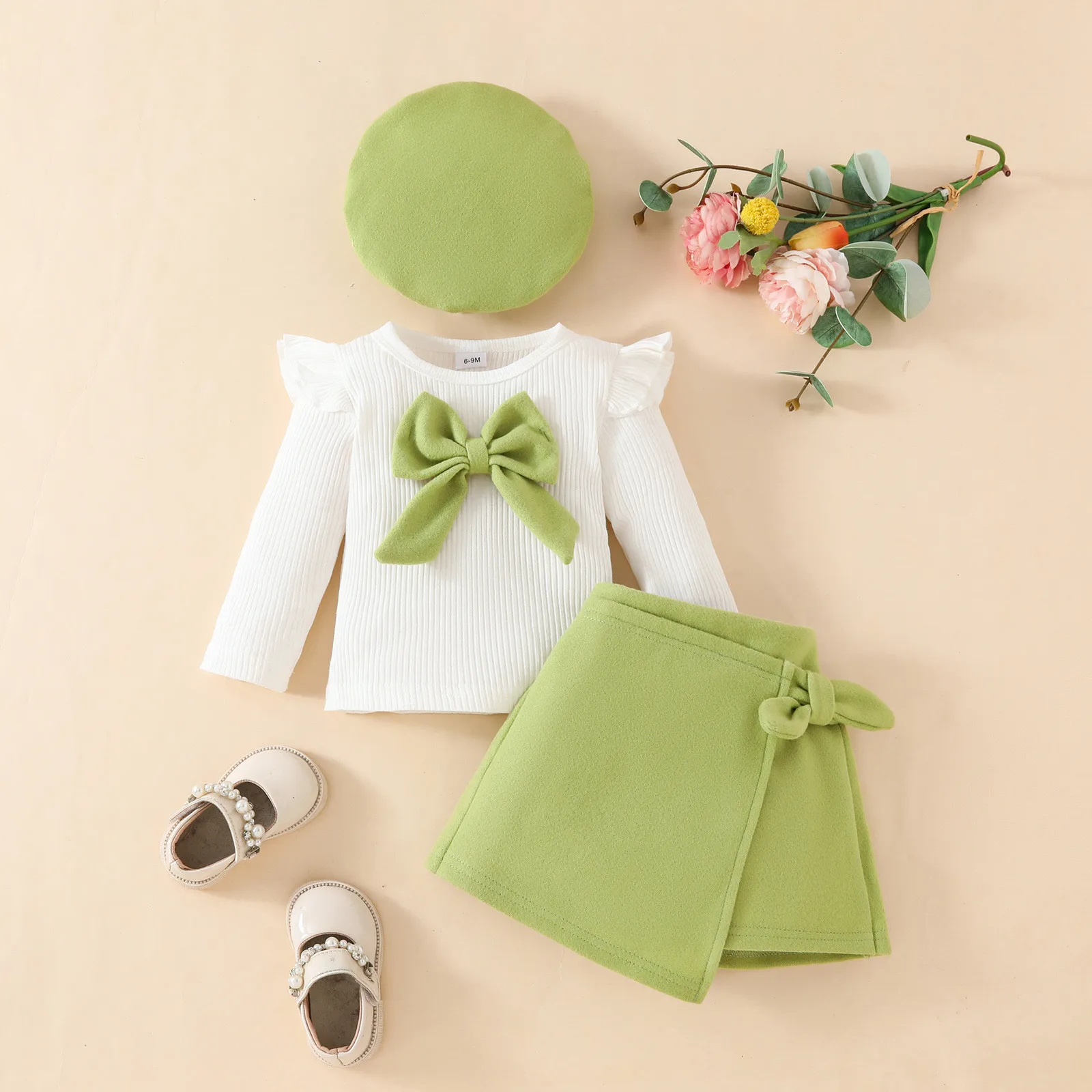 Baby Girls Outfit Solid Color Set 0-3Y Long Sleeve Big Bow Top Irregular Skirt and Beret 3Pcs Toddler Infant Christmas Clothes