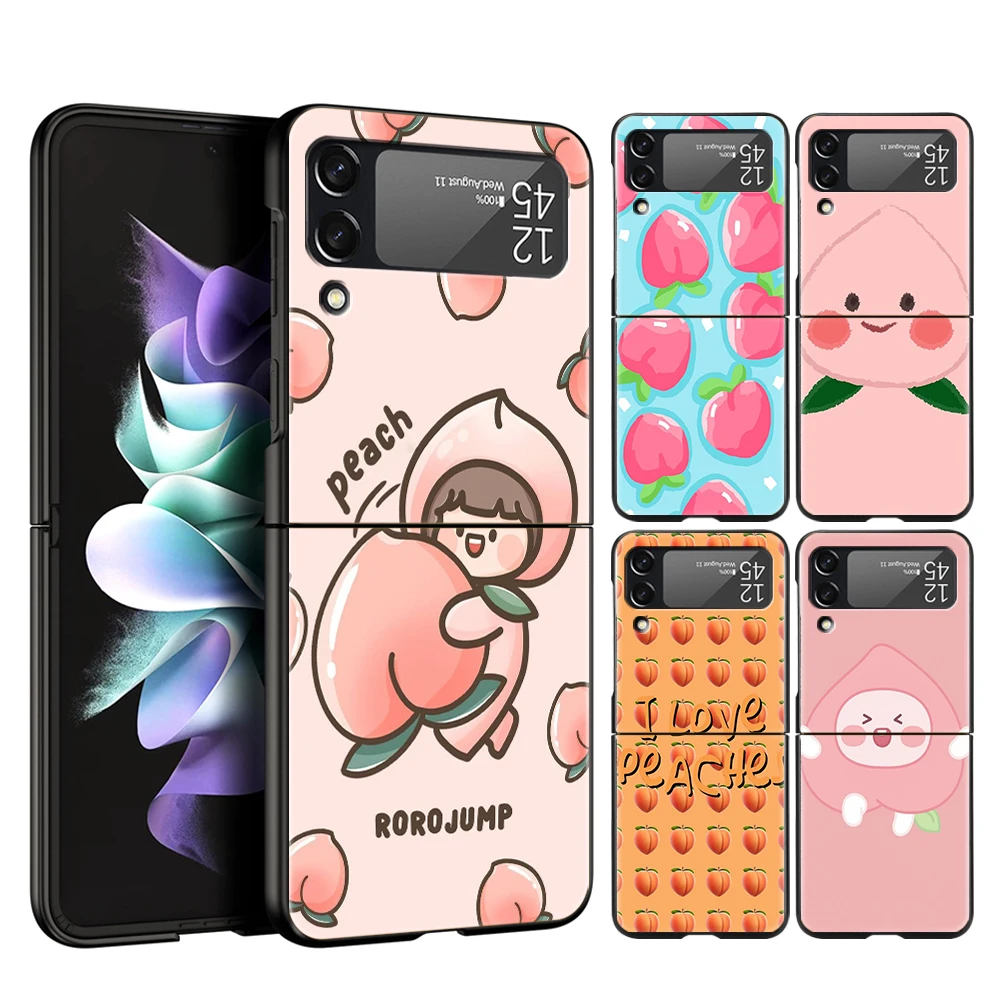 

Hard PC Phone Case For Samsung Galaxy Z Flip 6 5 4 Black Cover For Galaxy Z Flip 3 Foldable Shockproof Capas Cartoon Fruit Peach