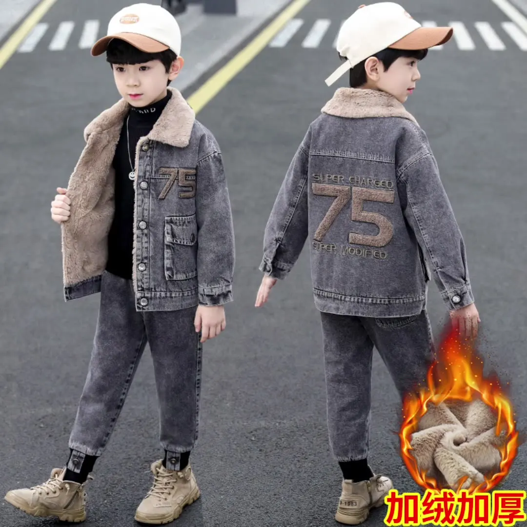 Teenager Boys Coat +Pants Kids Suits 2PCS/Set Cotton 2025 Lovable Jean Autumn Winter Cotton Outfits Child Sport Christmas Gift