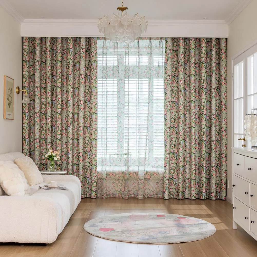 French Retro Curtains for Living Room Bedroom 100% Blackout Floral Prints Balcony Window Drapes Rustic Home Decor 1PC