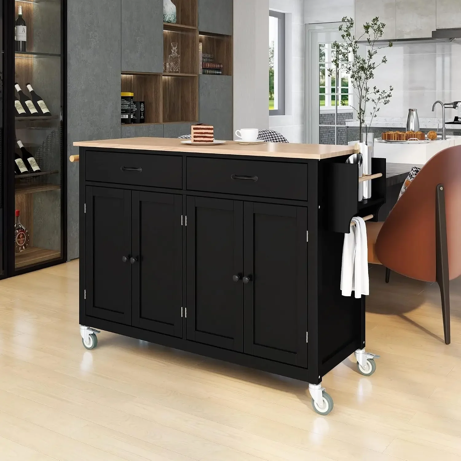 Kitchen Island Cart with Solid Wood Top and Locking Wheels, Kitchen Cart with 4 Door Cabinet, 2 Storage Drawers, Spice Rack and