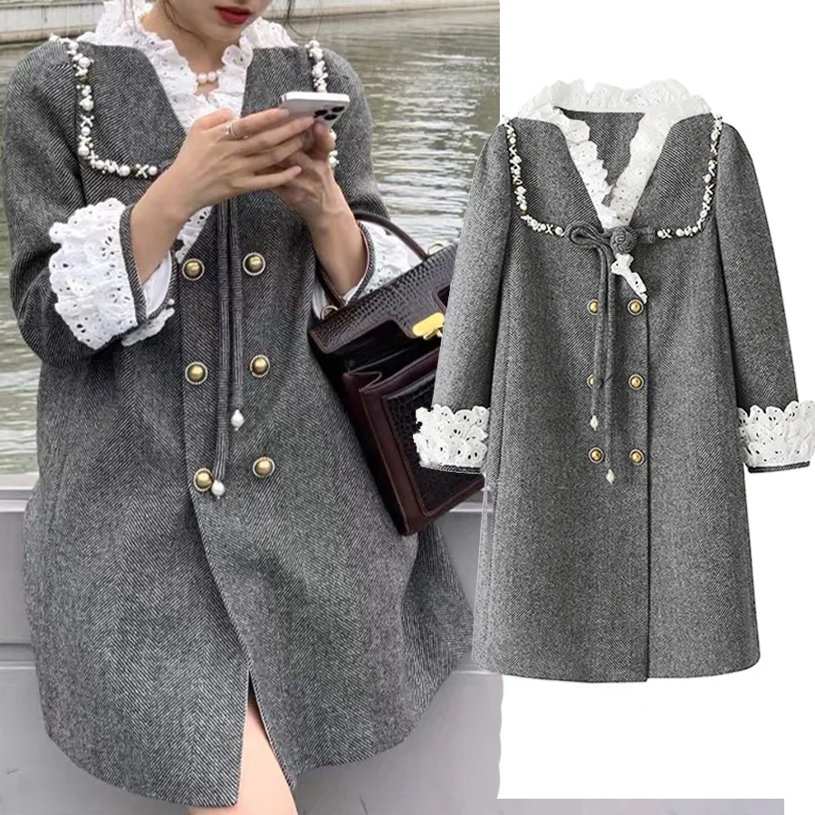 

2024 spring and winter with the same celebrity style wool woolen lace medium and long doll coat coat women