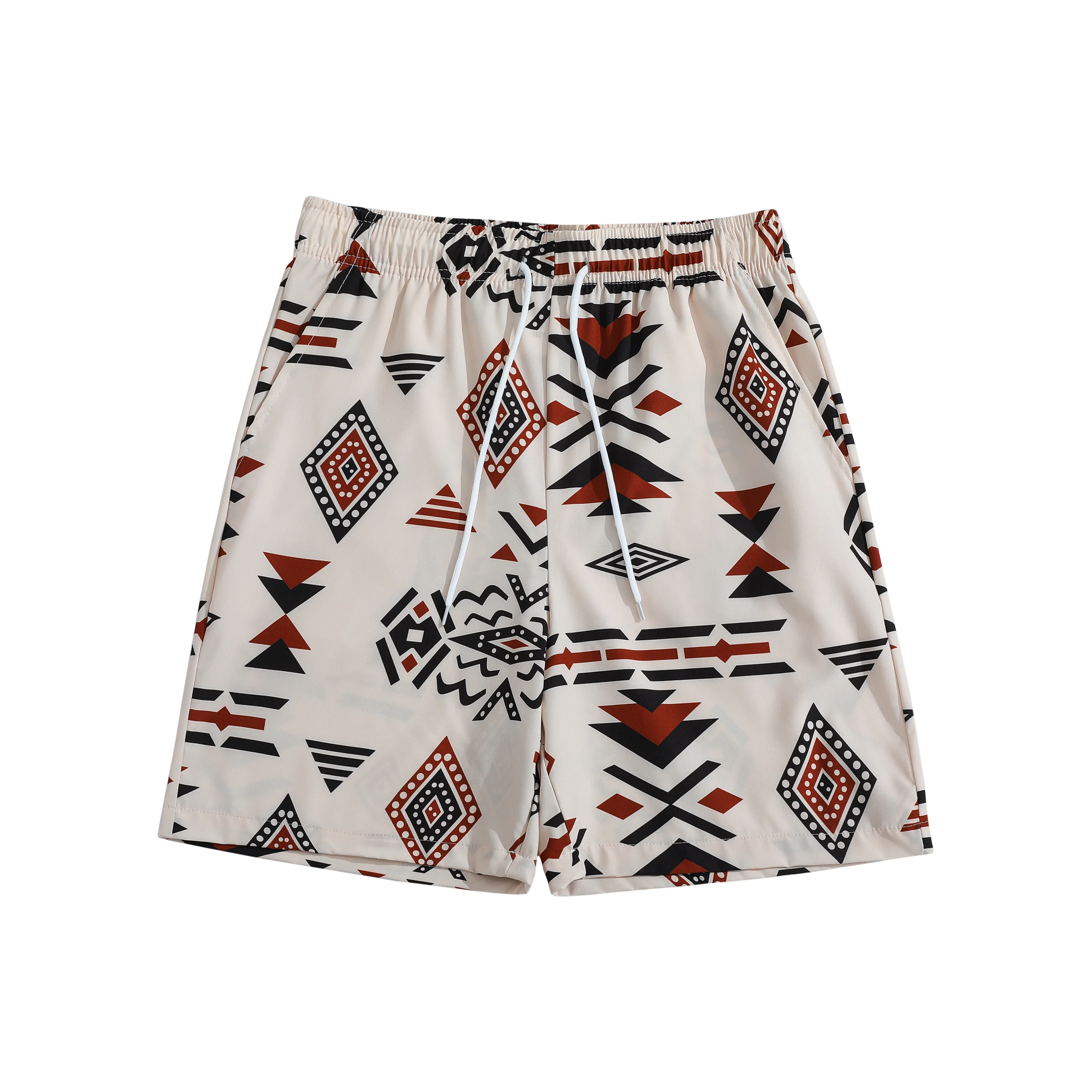 

Mens Beige Beach Shorts Tribal Style Diamond Pattern Geometric Print Elastic Drawstring Waist Loose Fit Summer Vacation Pants