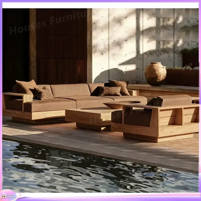 Luxury Teak Outdoor Furniture Set Modern Waterproof Garden Sofa Villa Patio Wooden Couch Sectional Seating Group for Yard