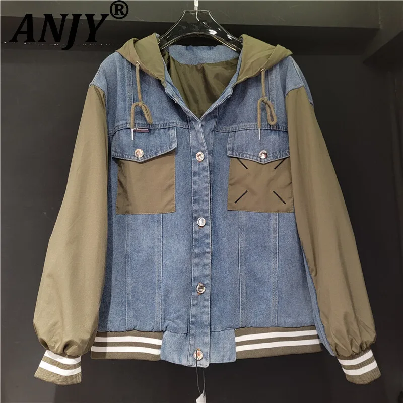 

ANJY Autumn New Women Ins Coat Denim Patchwork Contrast Color Hooded Single Breasted Vintage Trendy Casual Baseball Jacket A9917