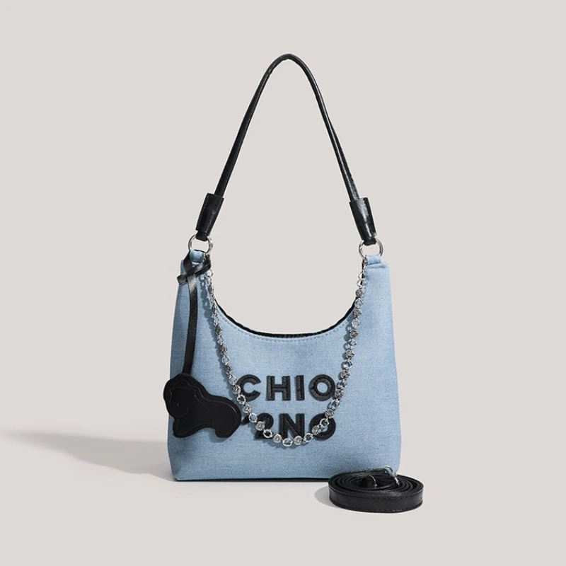 

Fashion New Eco Slogan Denim Hobo Bags 2025 Korean Style Letter Cowboy Handbags Trendy Street Underarm Bag with Shoulder Straps