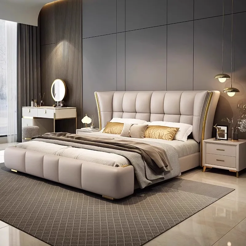 Modern Luxury Wood Bedroom Furniture Soft Up-holstered Beds king Size Adult Double Bed Frame Leather Padded Set Storage Design