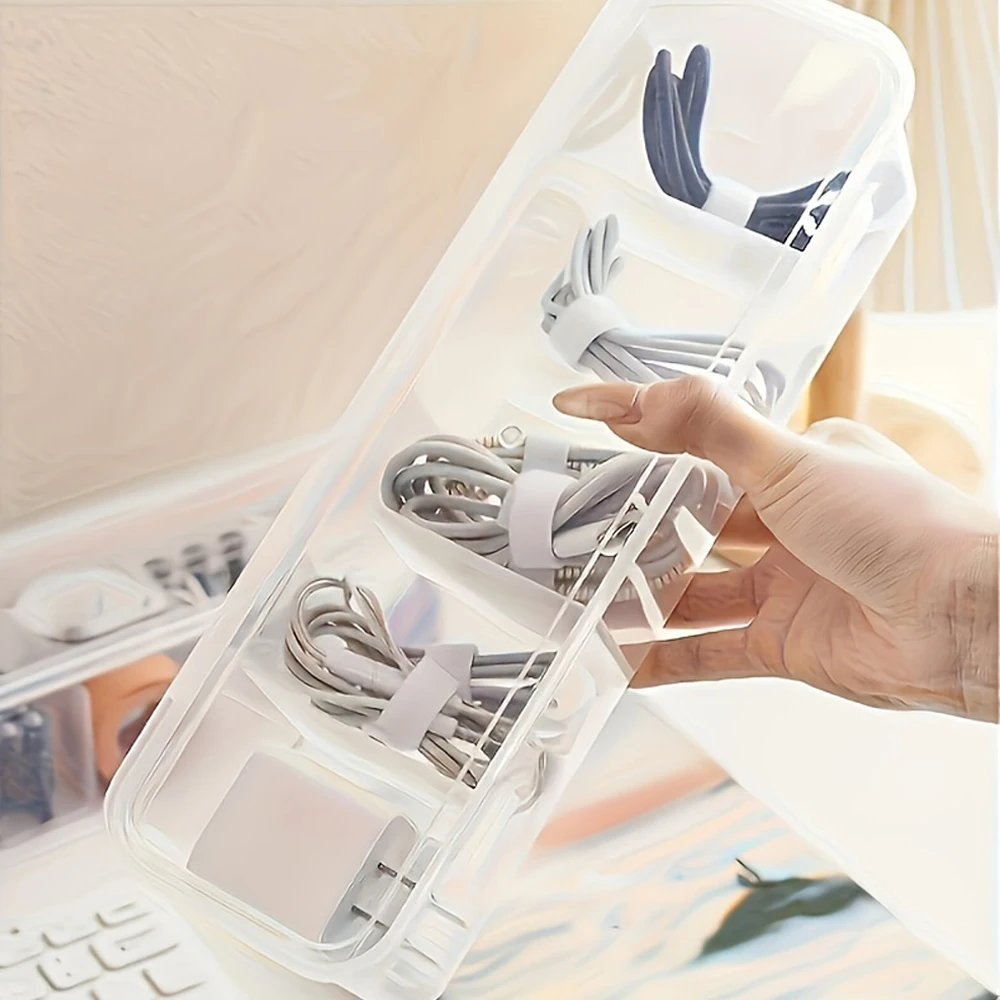 منظم كابلات البيانات الشفاف مع غطاء صندوق تخزين مقاوم للغبار منظم البطاقات صندوق تجميع فواصل البطارية للمكتب والمنزل