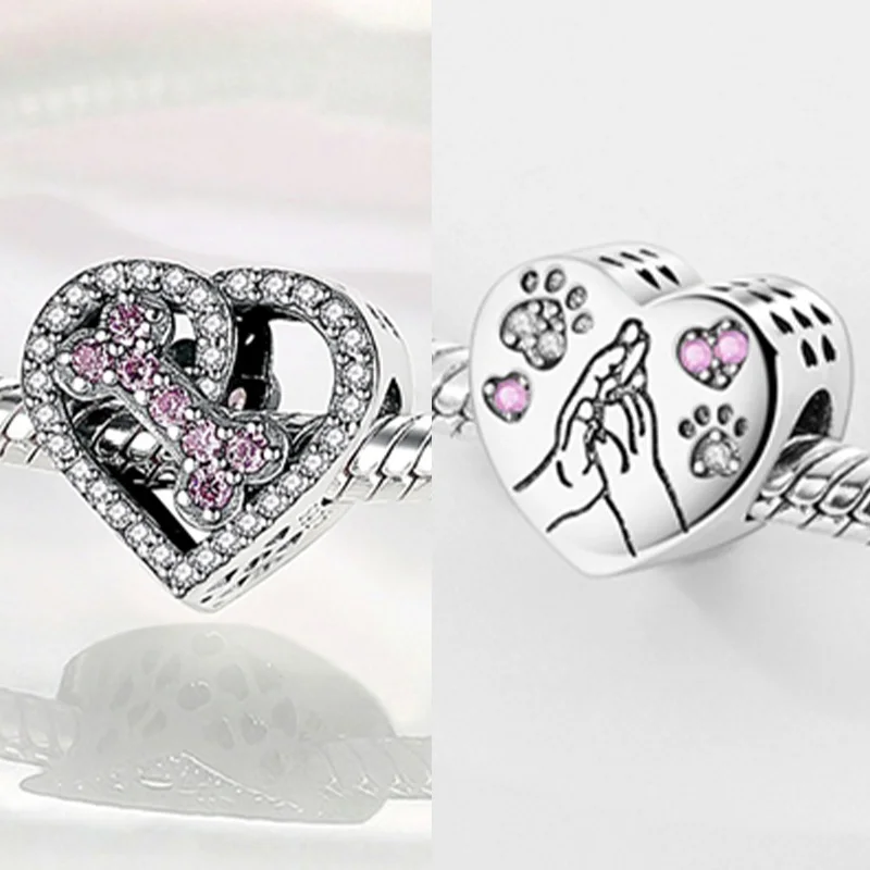 925 Sterling Silver Paw Print Heart Charms Bead Fit Original Bracelet DIY Women Jewelry Gift Accessories